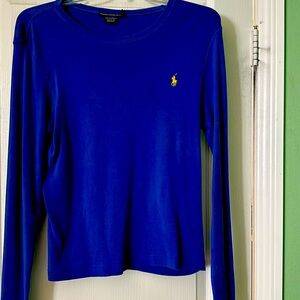 Long sleeved cobalt blue with Ralph Lauren polo insignia on left in yellow